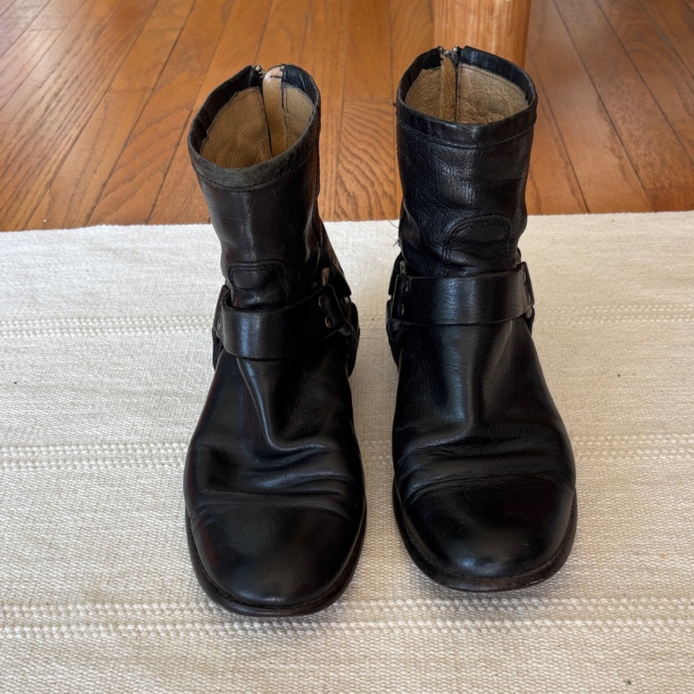 Frye Black Leather Harness Ankle Boots